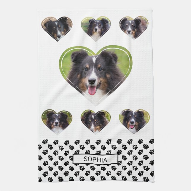 Foto-Vorlagen und Pfoten & Name für Heart Shape Geschirrtuch (Vertikal)