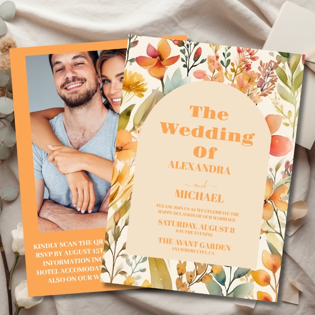 Foto Wasserfarbe Rosa Orange Wildblumen Hochzeit Einladung (Von Creator hochgeladen)