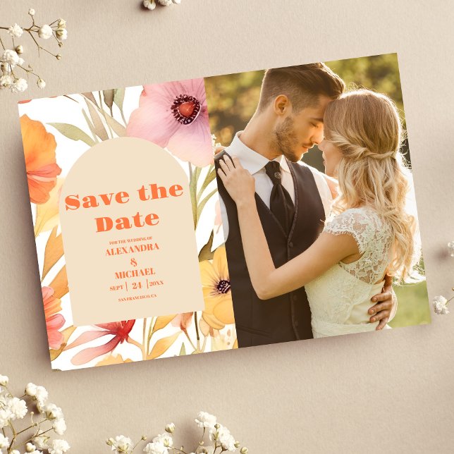 Foto Wasserfarbe Rosa Orange Wildblumen Hochzeit Save The Date (Von Creator hochgeladen)