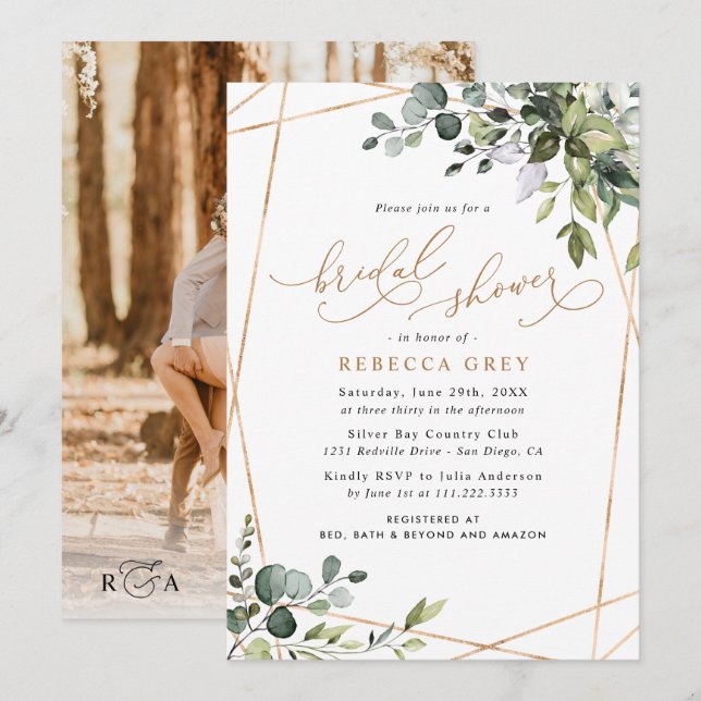 Foto Watercolor Greenery Gold Brautparty Einladung (Vorne/Hinten)