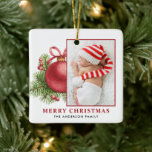 Foto Watercolor Red Ball Bauble Weihnachten Keramikornament<br><div class="desc">Frohe Weihnachten | Fügen Sie Ihrem Weihnachtsbaum einen festlichen Akzent mit diesem anpassbaren Weihnachtsschmuck hinzu. Es ist mit einem Aquarell roten Weihnachtsschmuck mit Kiefernnadeln und Winterbeeren ausgestattet. Personalisieren Sie Ihre persönlichen Daten,  indem Sie Ihre eigenen Daten hinzufügen. Dieses Foto Weihnachtsschmuck ist ein personalisiertes Weihnachtsgeschenk. Matching-Elemente sind verfügbar.</div>