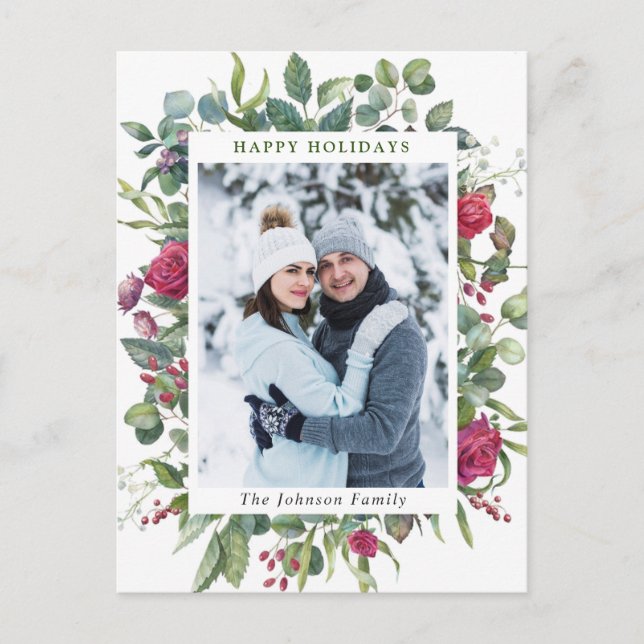 FOTO Watercolor Winter Rose Blume Weihnachten Postkarte (Vorderseite)