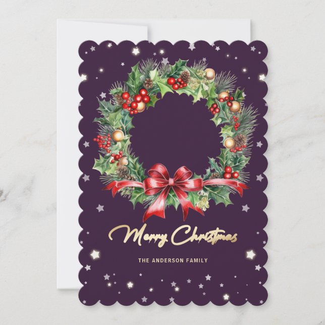 Foto Watercolor Wreath Lila Frohe Weihnachten (Vorderseite)