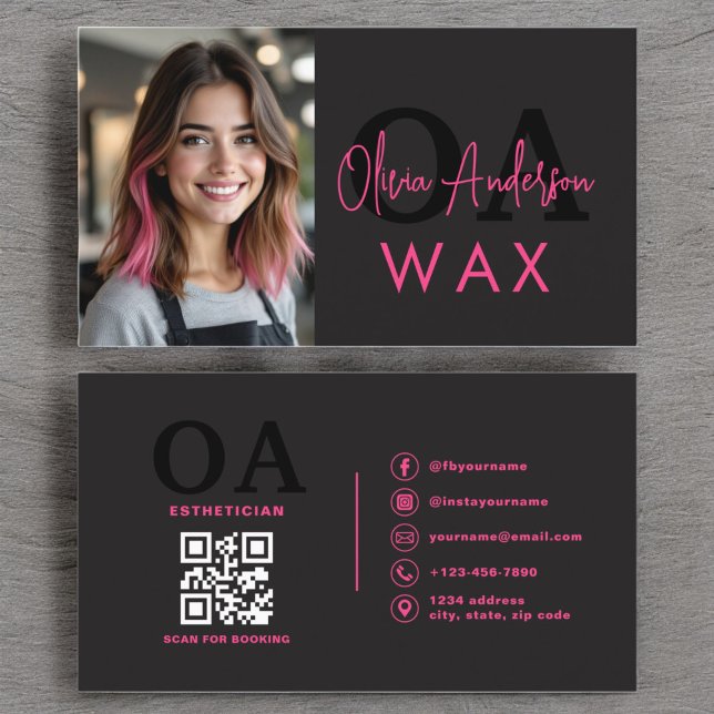 Foto Wax Esthetiker QR Code Hot Pink Black Visitenkarte (Von Creator hochgeladen)