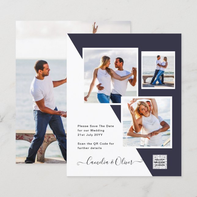 FOTO Wedding Einladung QR Code Retten Datum BLUE (Vorne/Hinten)