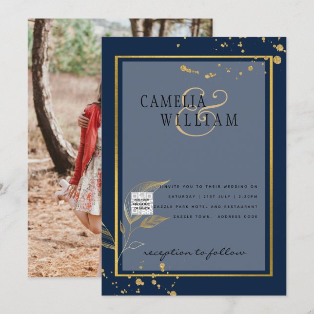 FOTO Wedding Einladung QR Code Retten Datum BLUE (Vorne/Hinten)