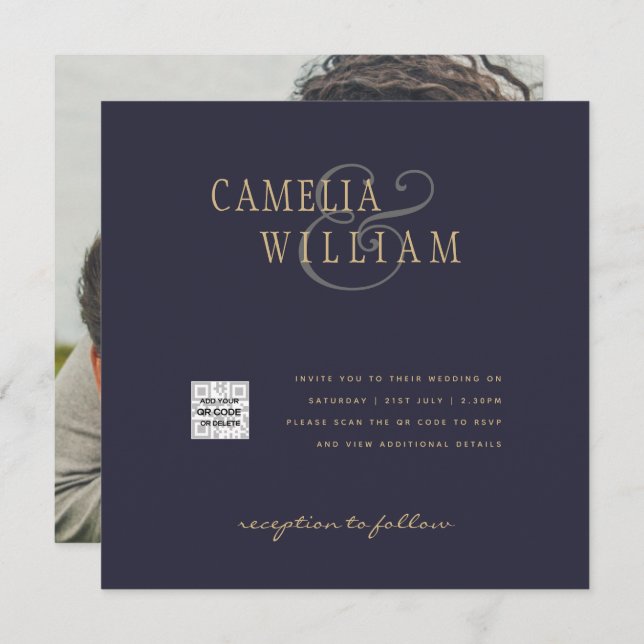 FOTO Wedding Einladung QR Code Retten Datum BLUE (Vorne/Hinten)