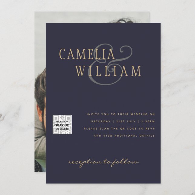 FOTO Wedding Einladung QR Code Retten Datum BLUE (Vorne/Hinten)