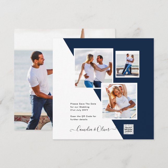 FOTO Wedding Einladung QR Code Retten Datum BLUE (Vorne/Hinten)