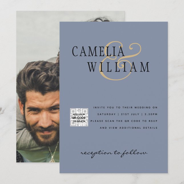 Foto Wedding Einladung QRCode UAWG Dusty Blue (Vorne/Hinten)