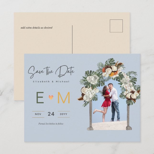 Foto Wedding Save the Date Dusty Blue Floral Postkarte (Vorne/Hinten)