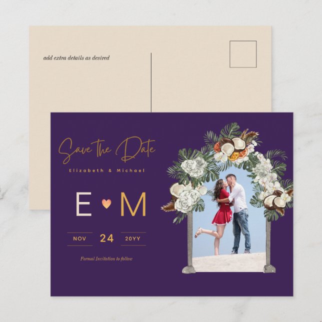 Foto Wedding Save the Date Lila Floral Postcard Postkarte (Vorne/Hinten)