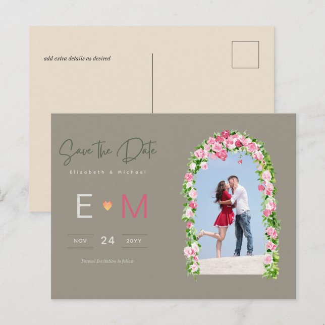 Foto Wedding Save the Date Pink Floral Postcard Postkarte (Vorne/Hinten)