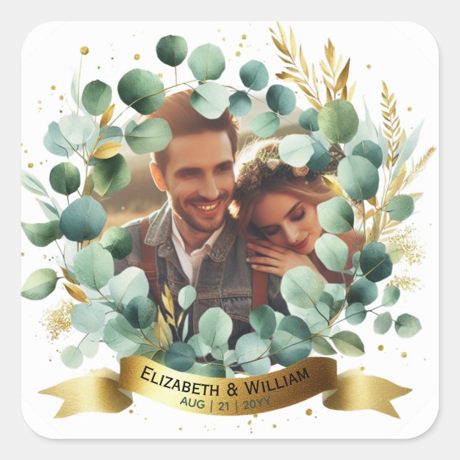 FOTO Wedding Vielen Dank Eucalyptus Blätter Gesche Quadratischer Aufkleber (Vorderseite)