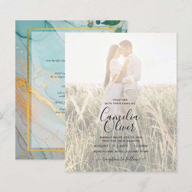 FOTO WEDING EINLADUNG Aquamarin Gold INK LeahG (Vorne/Hinten)