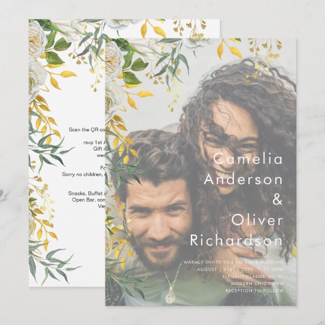 FOTO WEDING INVITATION Greenery Gold LeahG Einladung (Vorne/Hinten)