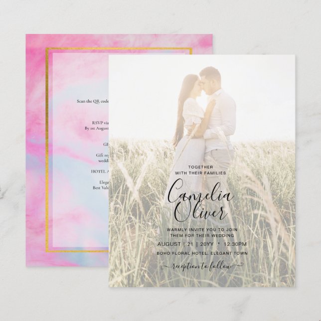 FOTO WEDING INVITATION Pink Aqua Blue Gold INK (Vorne/Hinten)