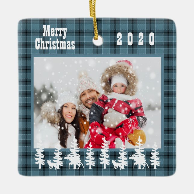 Foto Weihnachten Blau karierter Landstil Keramikornament (Vorderseite)