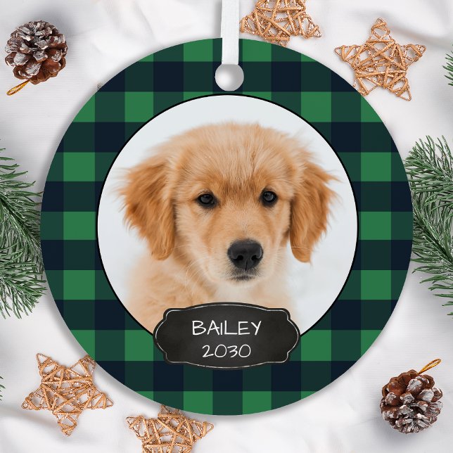 Foto Weihnachten Hund Welpe Rustikal Grün Kariert  Ornament Aus Metall (Von Creator hochgeladen)