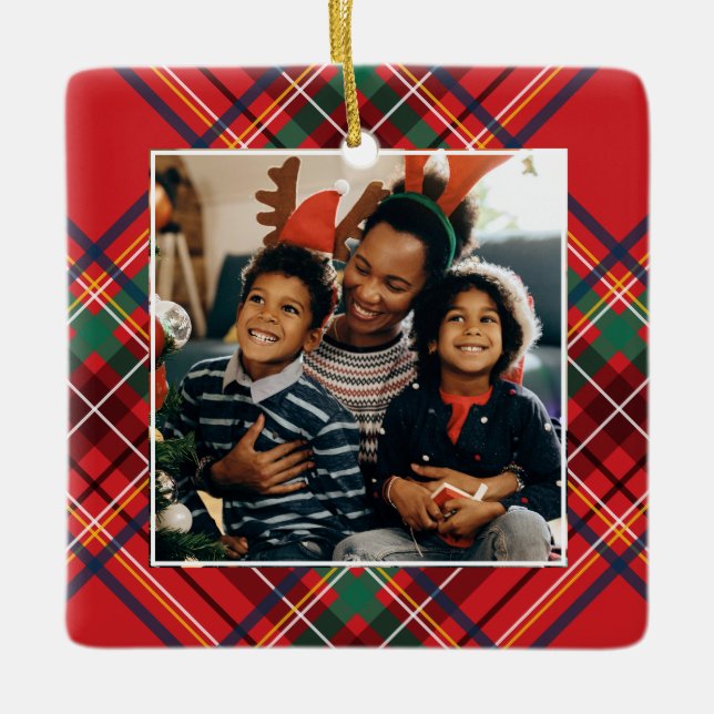 Foto Weihnachten kariert personalisiert Keramikornament (Vorderseite)