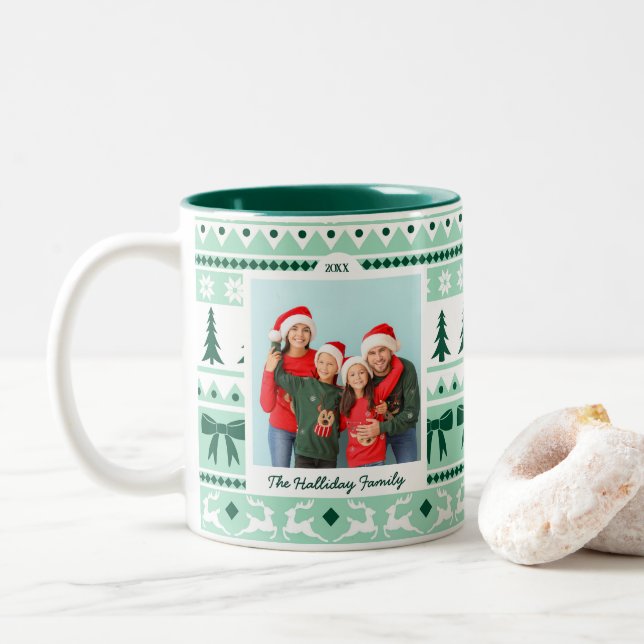 Foto Weihnachten Sweater Minze Green Zweifarbige Tasse (Mit Donut)
