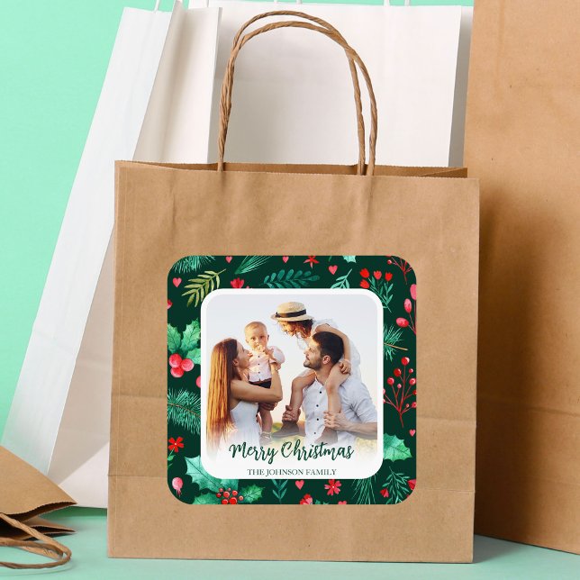 Foto Weihnachten Wasserfarben Botanicals Quadratischer Aufkleber (Watercolor Botanicals with Family Photo Christmas Square Sticker)
