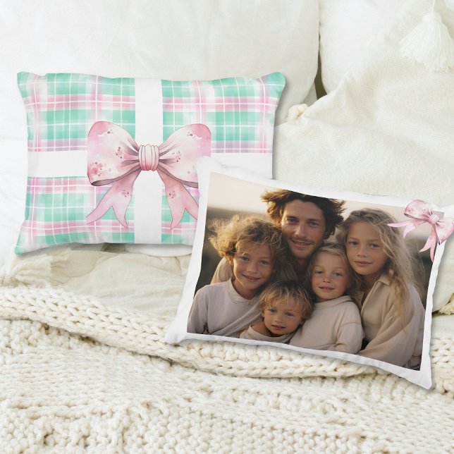 Foto Weihnachtsgeschenk Pasta Pink Vintag Dekokissen (Family Photo Christmas Gift Pastel Pink Vintage Accent Pillow  cottagecore pinkcore personalized lux)