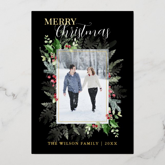 Foto Weihnachtsgrün Gruß Schwarz Folien Feiertagskarte (Vorderseite)