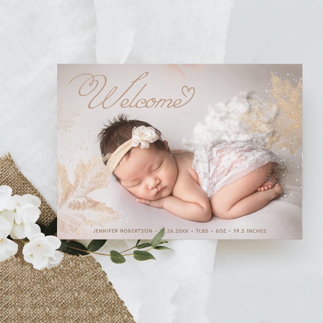 Foto Welcome Baby Gold Blätter Botanische Geburt Ankündigung (Von Creator hochgeladen)