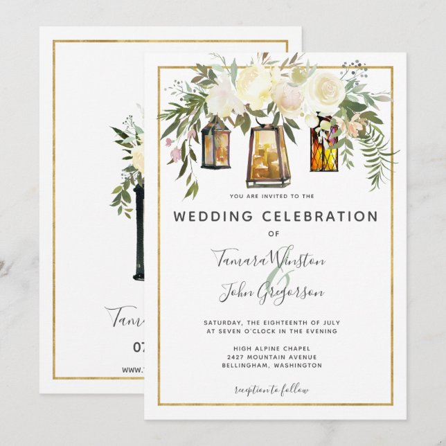 Foto White Floral Rustic Lanterns Hochzeit Einladung (Vorne/Hinten)