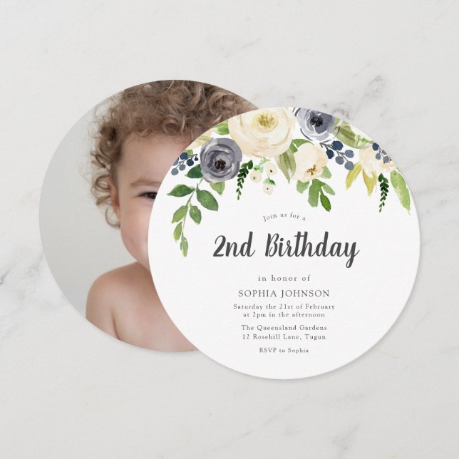 Foto "White Navy Floral Girl Boy" Einladung (Vorne/Hinten)