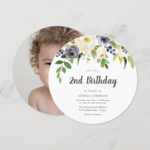Foto "White Navy Floral Girl Boy" Einladung