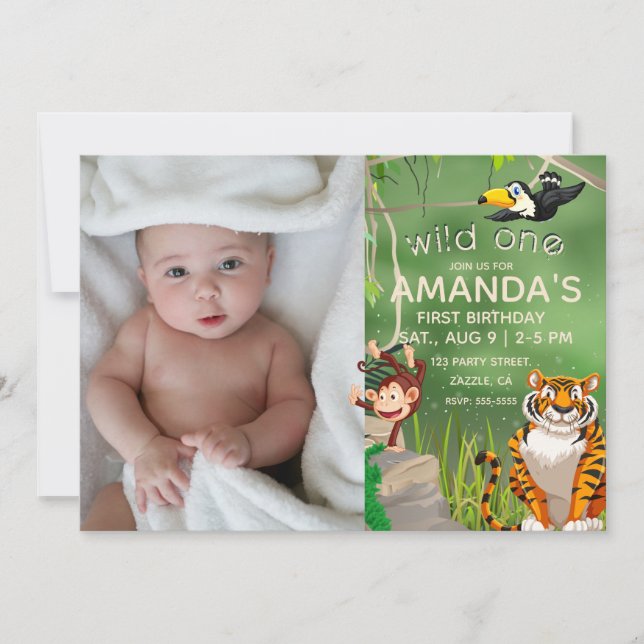 Foto Wild One Birthday Jungle Animals Party Einladung (Vorderseite)