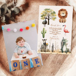 Foto Wild One Jungle Safari Tiere Junge 1. Dankeskarte<br><div class="desc">Mit unserer Foto Tropical Safari Wild One Jungle Animals zum Geburtstag Dankeschön an eine Touch Abenteuer. Diese Karte ist perfekt, um Ihren Gästen herzlich zu verdanken und vereint lebendige tropische Elemente mit einem persönlichen Foto Ihres kleinen. Design: Hier finden Sie lebendige Illustrationen von Dschungeltieren wie Löwen, Elefanten, Affen und Giraffen,...</div>