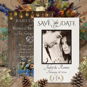 Foto, Wildblumen & Blatt-Monogramm - Blau Save The Date