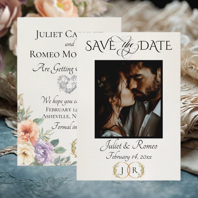 Foto, Wildblumen & Blatt-Monogramm - Elfenbein Save The Date (Von Creator hochgeladen)