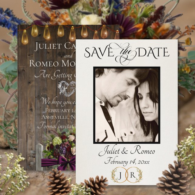 Foto, Wildblumen & Blatt-Monogramm - Pflaume Save The Date (Von Creator hochgeladen)