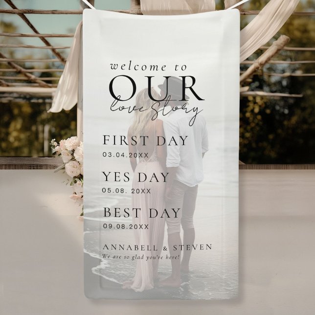 Foto WILLKOMMEN IN UNSERER LIEBE-GESCHICHTE Banner (WELCOME TO OUR LOVE STORY Banner. First Day, Yes Day, Best Day! Personalized Photo, Name, Dates.)