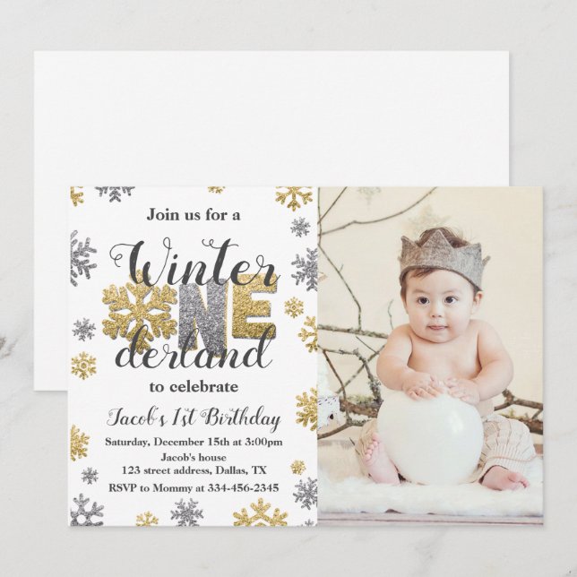 Foto Winter ONEderland Geburtstag Einladung Gold (Vorne/Hinten)