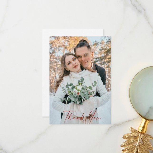 Foto Winter Red Text Wedding Blank Vielen Dank Dankeskarte (Vorderseite/Rückseite Beispiel)