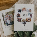 Foto Wreath | Moderne Minimale Collage Feiertagskarte<br><div class="desc">Eine festliche Urlaubskarte, die acht Ihrer Lieblings-Fotos in einem runden Kranz-Design mit einem Single schwarzen Bogen am unteren Rand präsentiert. "Joy" erscheint in der Mitte in klassischen weißen Schriften auf einem warmen Elfenbeinhintergrund, mit Ihrem persönlichen Gruß und Namen am unteren Ende. Personalisieren Sie den Rücken mit einem zusätzlichen, größeren Foto...</div>