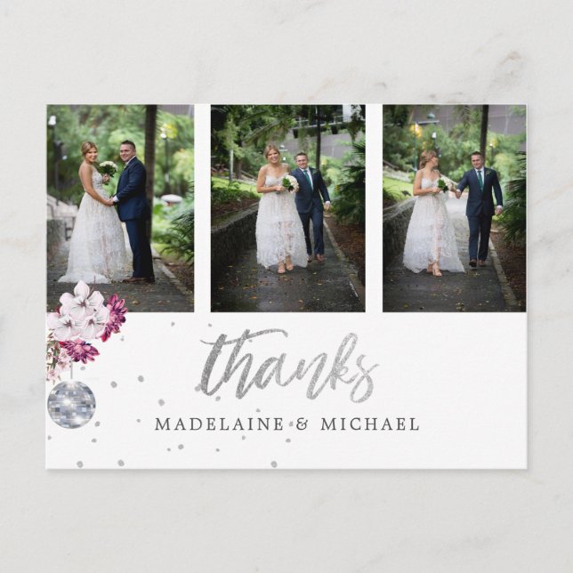 Foto x 3 Elegante Wedding Silver Disco Vielen Dank Postkarte (Vorderseite)
