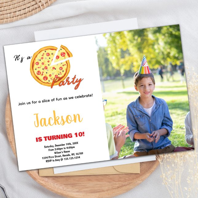 Foto Yellow Orange White Pizza Geburtstag Einladung (Photo Yellow Orange White Red Pizza Birthday Invitation)