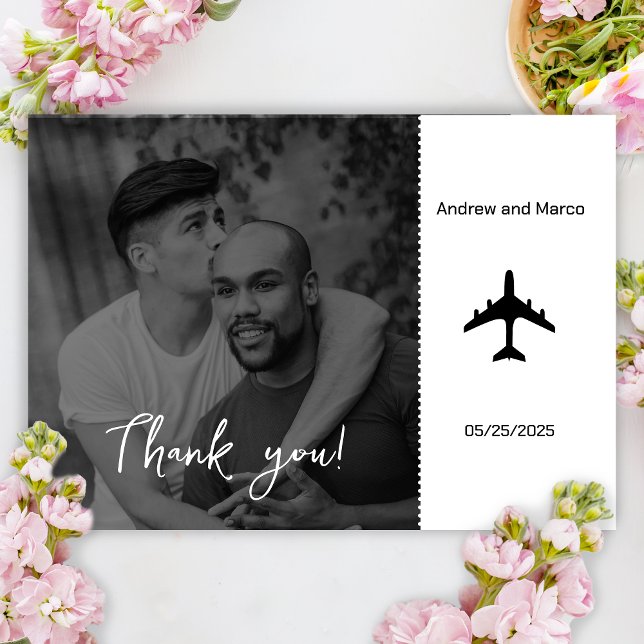 Foto Zielort Boarding Pass Hochzeit Dankeskarte (Wedding thank you card)