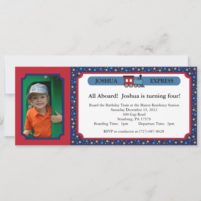 Foto-Zugticket - Rot und Blau Einladung (Vorderseite)