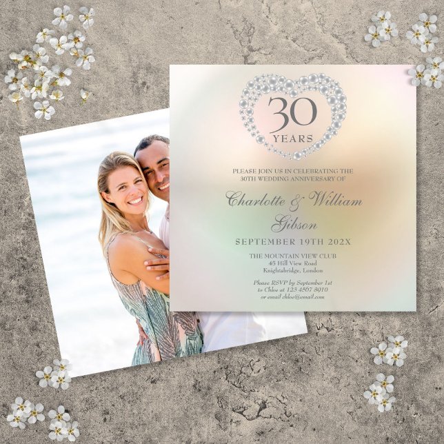 Foto zum 30. Geburtstag Einladung (30th Wedding Anniversary Photo Square Pearl Heart Invitation)