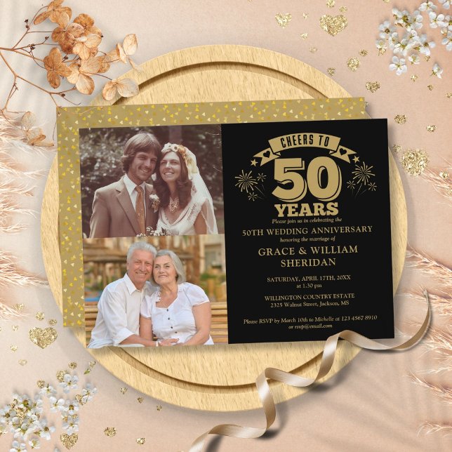 Foto zum 50. Jahrestag der Hochzeit Einladung (Cheers To 50th Wedding Anniversary 2 Photo Invitation)
