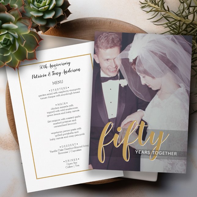 Foto zum 50. Jubiläum mit 4 Sektionen Abendessen Menükarte (Menu card - 50th Anniversary party)