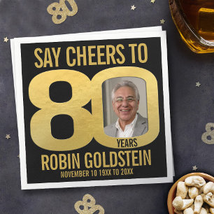 Foto zum 80. Geburtstag jubelt Schwarz und Gold Serviette