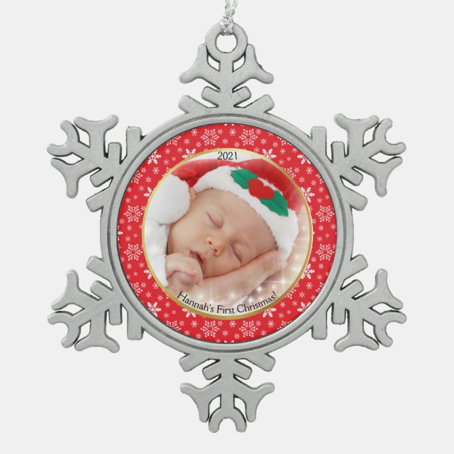Foto zum ersten Mal in der Weihnachtszeit Schneeflocken Zinn-Ornament (Vorderseite)